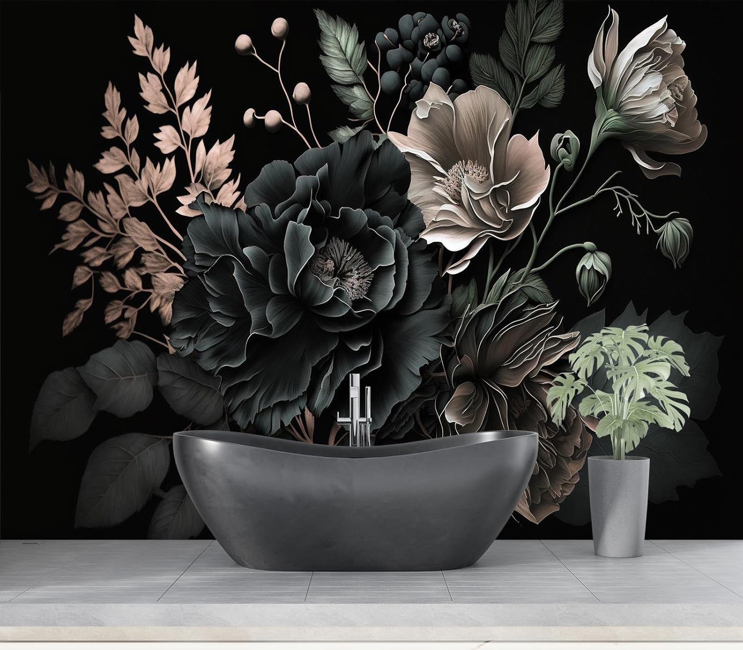 Home Bathroom Wallpaper - Murali in Tessuto con Peonie Floreali